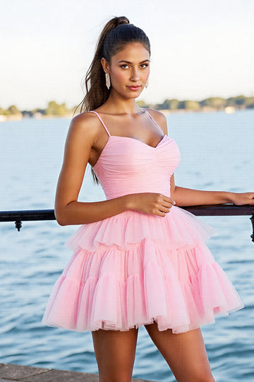 Pink A Line Tiered Spaghetti Straps Short Cocktail Dress